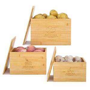 G.a HOMEFAVOR Potato and Onion Storage Bamboo Bin, 3 Piece Garlic Potato Onion Container, Potato Storage Vegetable Keeper, Bamboo Produce Box Sets For Kitchen Counter