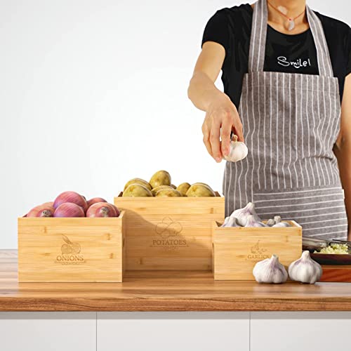 G.a HOMEFAVOR Potato and Onion Storage Bamboo Bin, 3 Piece Garlic Potato Onion Container, Potato Storage Vegetable Keeper, Bamboo Produce Box Sets For Kitchen Counter
