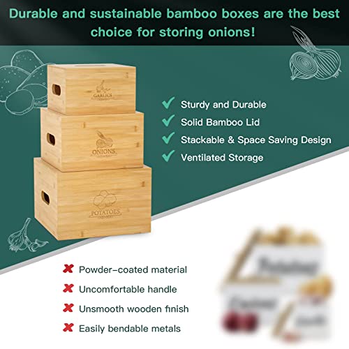 G.a HOMEFAVOR Potato and Onion Storage Bamboo Bin, 3 Piece Garlic Potato Onion Container, Potato Storage Vegetable Keeper, Bamboo Produce Box Sets For Kitchen Counter