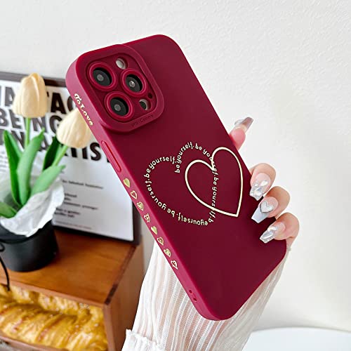 ankofave for iPhone 14 Pro Max Case for Women Girls Cute, Gold Plated Letter Double Heart Case Soft Shockproof, Full Camera Lens Protective Phone Cases for iPhone 14 Pro Max 6.7 inch- Red Wine