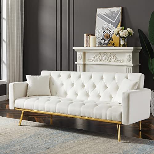 DaiNNCN Velvet 3 Seater Sofa Bed Couch,Futon Sleeper Sofa with 2 Pillows,Button Tufted and Gold Metal Legs-White