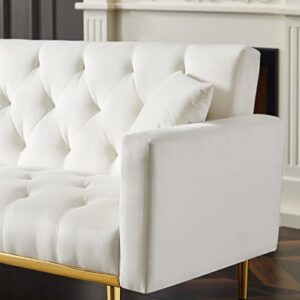 DaiNNCN Velvet 3 Seater Sofa Bed Couch,Futon Sleeper Sofa with 2 Pillows,Button Tufted and Gold Metal Legs-White