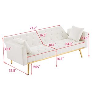 DaiNNCN Velvet 3 Seater Sofa Bed Couch,Futon Sleeper Sofa with 2 Pillows,Button Tufted and Gold Metal Legs-White