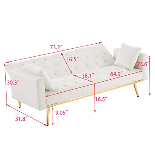 DaiNNCN Velvet 3 Seater Sofa Bed Couch,Futon Sleeper Sofa with 2 Pillows,Button Tufted and Gold Metal Legs-White