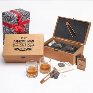 impressive gifts for him - whiskey gift set for my amazing man - premium quality glass for scotch bourbon drinkers - bourbon gifts for men birthday gifts for boyfriend. best anniversary for husband.