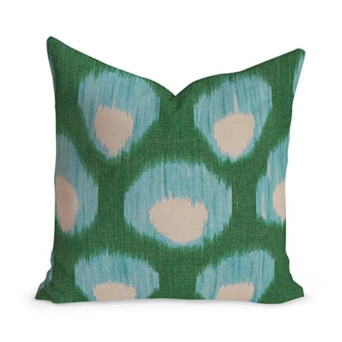 MangGou Peacock Green and Aqua Bukhara Ikat Cushion Cover Home Decor Sofa Pillows with Zipper Hidden Toss Pillows for Living Room Bedroom Gift White Linen 20x20in