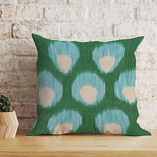 MangGou Peacock Green and Aqua Bukhara Ikat Cushion Cover Home Decor Sofa Pillows with Zipper Hidden Toss Pillows for Living Room Bedroom Gift White Linen 20x20in