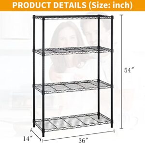 YYkokocat 4 Tier Adjustable Shelving Unit 1000Lb Capacity Metal Storage Shelves Heavy Duty Wire Shelf for Bathroom Kitchen Pantry Steel Wire Rack Shelf Organizer, 36" W x 14" D x 54" H, Black