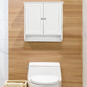 Giantex Bathroom Cabinet Wall Mounted - Over The Toilet Medicine Cabinet with Double Doors, Adjustable Shelf and Towels Bar, Above Toilet Storage Cabinet for Bedroom Kitchen Wall Cabinet (White)