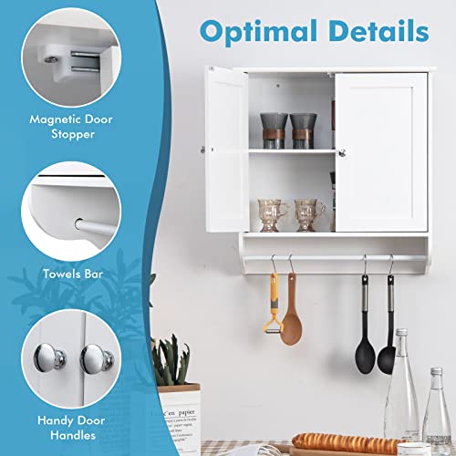 Giantex Bathroom Cabinet Wall Mounted - Over The Toilet Medicine Cabinet with Double Doors, Adjustable Shelf and Towels Bar, Above Toilet Storage Cabinet for Bedroom Kitchen Wall Cabinet (White)