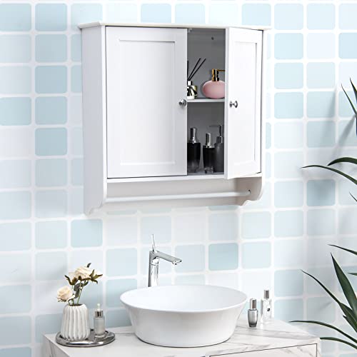 Giantex Bathroom Cabinet Wall Mounted - Over The Toilet Medicine Cabinet with Double Doors, Adjustable Shelf and Towels Bar, Above Toilet Storage Cabinet for Bedroom Kitchen Wall Cabinet (White)