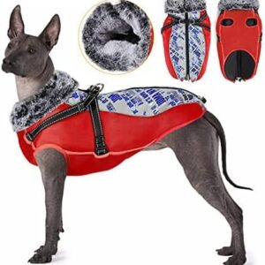 Tresbro Dog Winter Coat, Large Warm Dog Jacket for Cold Weather,Reflective Dog Clothes with Furry Collar Detachable Harness Two Way Zipper on Back, Dog Apperal for Medium Large Dog Boy Girl