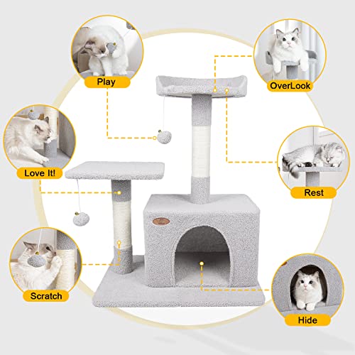 Upgraded Cat Tree for Indoor Cats - Babole Pet 30.3 inch Tall Cat Tower,Cat Condo with Large Perch Spacious Cat Cave and Scratching Post for Kittens,Adult Cats,Cat Furniture with Jump Platform,Grey.