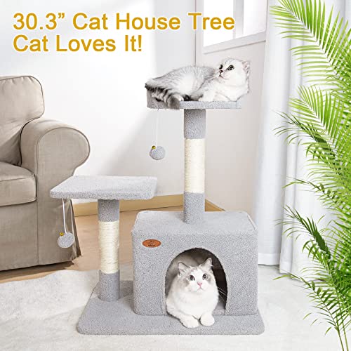 Upgraded Cat Tree for Indoor Cats - Babole Pet 30.3 inch Tall Cat Tower,Cat Condo with Large Perch Spacious Cat Cave and Scratching Post for Kittens,Adult Cats,Cat Furniture with Jump Platform,Grey.