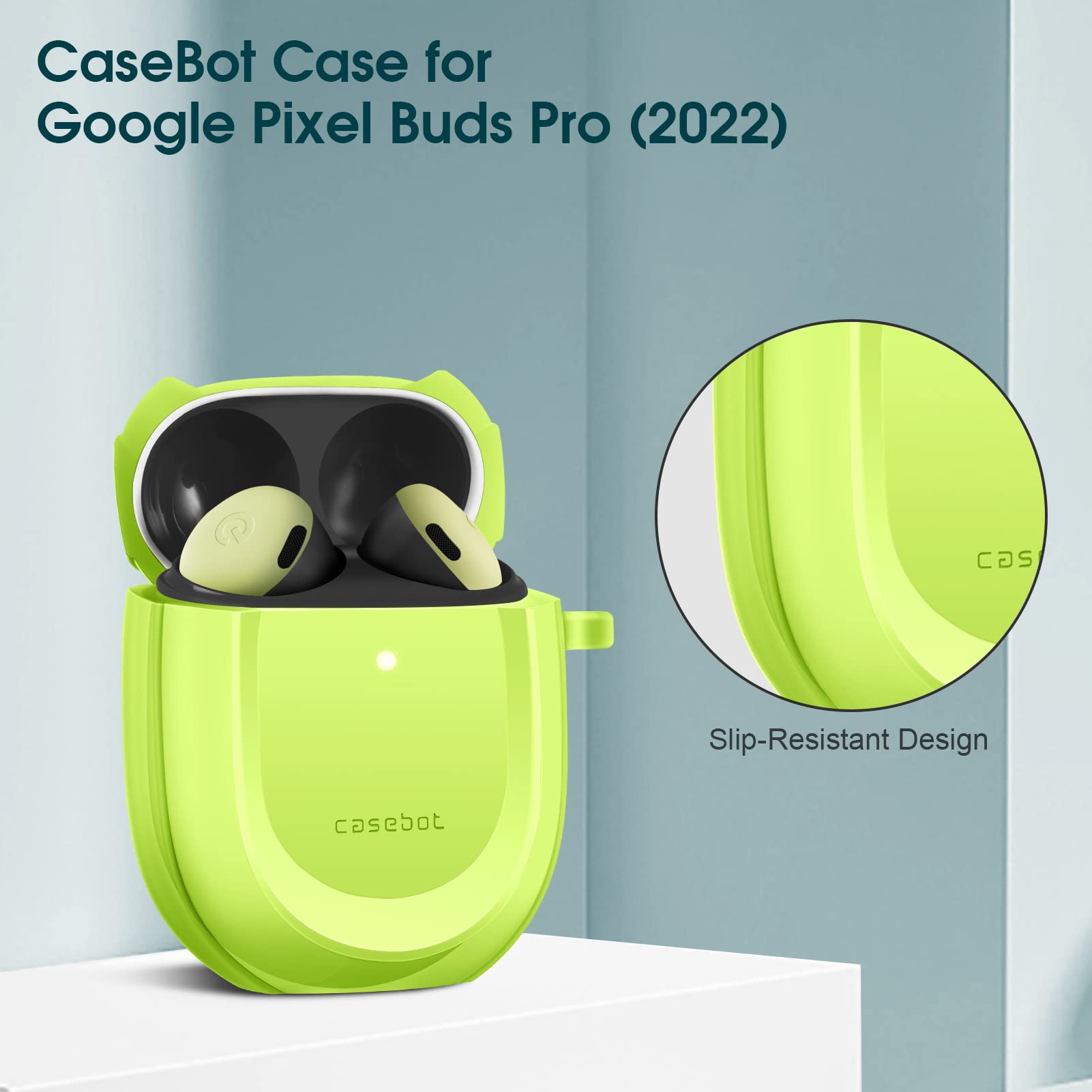 CaseBot Case Cover for Google Pixel Buds Pro 2022, Rugged Shield Protective Skin [Front LED Visible], Lime Green Glow in The Dark