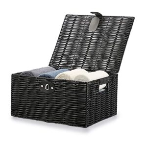 hipiwe decorative storage boxes with lids & lock black woven basket bin built-in carry handles plastic shelf basket lidded multifunctional household organizer box for clothes toy book snack