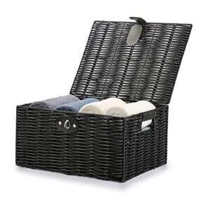 Hipiwe Decorative Storage Boxes with Lids & Lock Black Woven Basket Bin Built-in Carry Handles Plastic Shelf Basket Lidded Multifunctional Household Organizer Box for Clothes Toy Book Snack