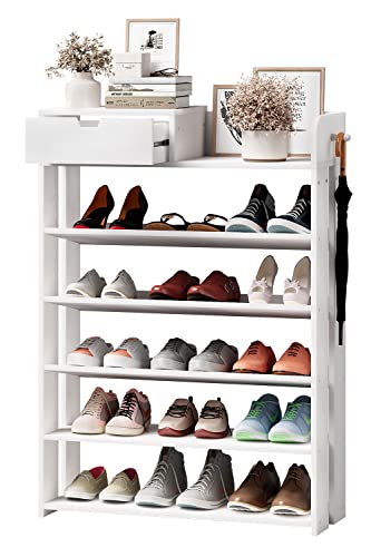 BURENMTO 5-Tier Wooden Storage Organizer, 29.5" Wide Vertical Shoe Rack for Closet Large Entryway Shoe Rack 15 Pairs Corner Tall Organizer Shoe Shelf with Drawer