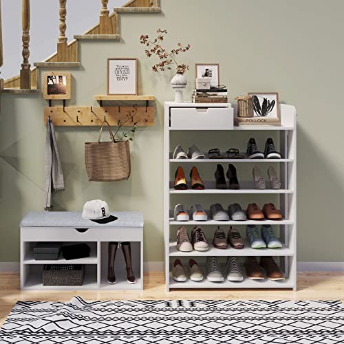 BURENMTO 5-Tier Wooden Storage Organizer, 29.5" Wide Vertical Shoe Rack for Closet Large Entryway Shoe Rack 15 Pairs Corner Tall Organizer Shoe Shelf with Drawer