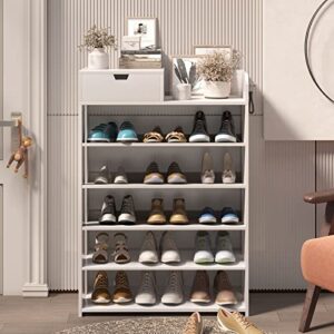 BURENMTO 5-Tier Wooden Storage Organizer, 29.5" Wide Vertical Shoe Rack for Closet Large Entryway Shoe Rack 15 Pairs Corner Tall Organizer Shoe Shelf with Drawer