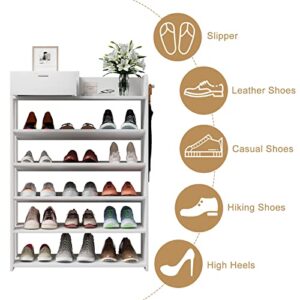 BURENMTO 5-Tier Wooden Storage Organizer, 29.5" Wide Vertical Shoe Rack for Closet Large Entryway Shoe Rack 15 Pairs Corner Tall Organizer Shoe Shelf with Drawer