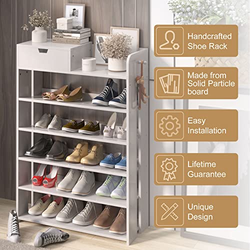 BURENMTO 5-Tier Wooden Storage Organizer, 29.5" Wide Vertical Shoe Rack for Closet Large Entryway Shoe Rack 15 Pairs Corner Tall Organizer Shoe Shelf with Drawer