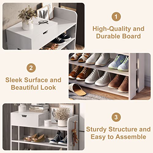 BURENMTO 5-Tier Wooden Storage Organizer, 29.5" Wide Vertical Shoe Rack for Closet Large Entryway Shoe Rack 15 Pairs Corner Tall Organizer Shoe Shelf with Drawer