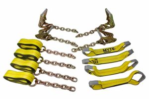 mytee products 8 point roll back vehicle tie down kit with chain extension on both ends - 18 ft straps, ratchet handles - working load limit 3333 lb - tow truck straps car hauler tie down system