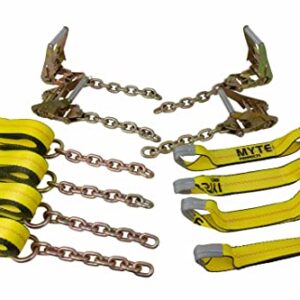 Mytee Products 8 Point Roll Back Vehicle Tie Down Kit with Chain Extension on Both Ends - 18 FT Straps, Ratchet Handles - Working Load Limit 3333 LB - Tow Truck Straps Car Hauler Tie Down System