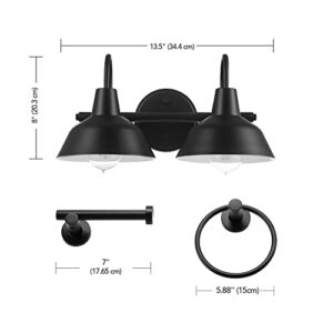 Globe Electric 63000004 3-Piece Bathroom Set, Matte Black, 15.5" 2-Light Vanity Light, Towel Ring, Toilet Paper Holder, Bulb Not Included