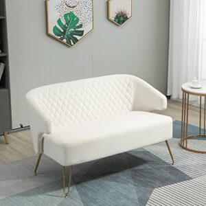 krinana velvet loveseat sofa couch with solid wood frame, modern 2 seater sofa with gold metal legs, 2-seat sofa for living room bedroom office hotel apartments (cream white)