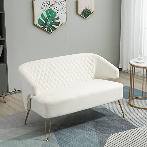 Krinana Velvet Loveseat Sofa Couch with Solid Wood Frame, Modern 2 Seater Sofa with Gold Metal Legs, 2-Seat Sofa for Living Room Bedroom Office Hotel Apartments (Cream White)