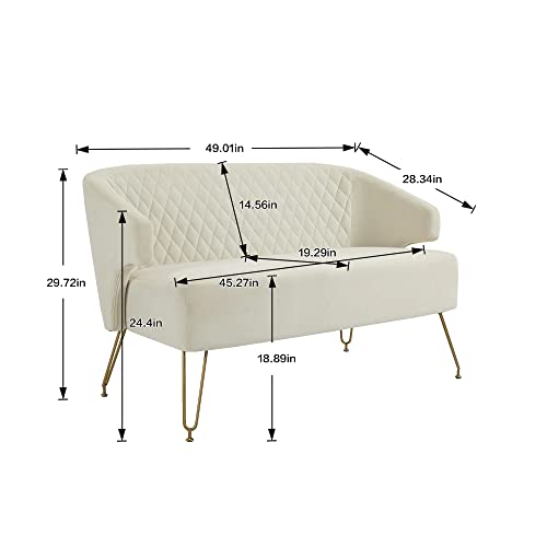 Krinana Velvet Loveseat Sofa Couch with Solid Wood Frame, Modern 2 Seater Sofa with Gold Metal Legs, 2-Seat Sofa for Living Room Bedroom Office Hotel Apartments (Cream White)