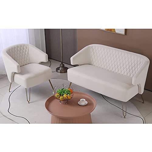 Krinana Velvet Loveseat Sofa Couch with Solid Wood Frame, Modern 2 Seater Sofa with Gold Metal Legs, 2-Seat Sofa for Living Room Bedroom Office Hotel Apartments (Cream White)