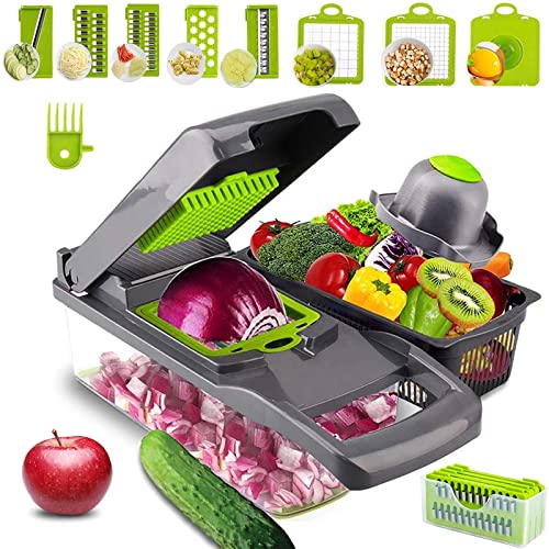 Pro Vegetable Chopper, COMUSTER Multi-functional Onion Chopper, Veggie Chopper w/Stainless Steel Blades, Vegetable Slicer w/Container, Mandoline Slicer, Dicer, Cutter Ideal for Fruits/Salads(Grey)