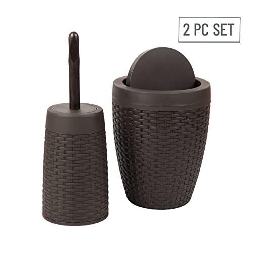 Mind Reader Basket Collection, Round Wastepaper Basket and Toilet Brush Set, Premium Wicker Design, 2 Piece Set, Swivel Lid Bin is 8.75"W x 11.25"H, Brush is 15.25"H, 8.75"L x 8.75"W x 11.25"H, Brown