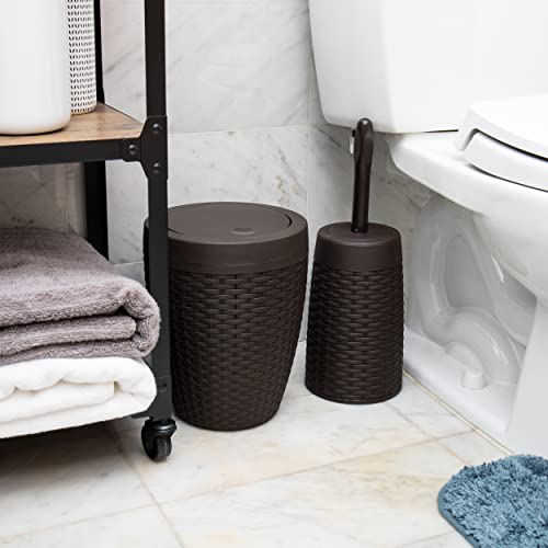 Mind Reader Basket Collection, Round Wastepaper Basket and Toilet Brush Set, Premium Wicker Design, 2 Piece Set, Swivel Lid Bin is 8.75"W x 11.25"H, Brush is 15.25"H, 8.75"L x 8.75"W x 11.25"H, Brown