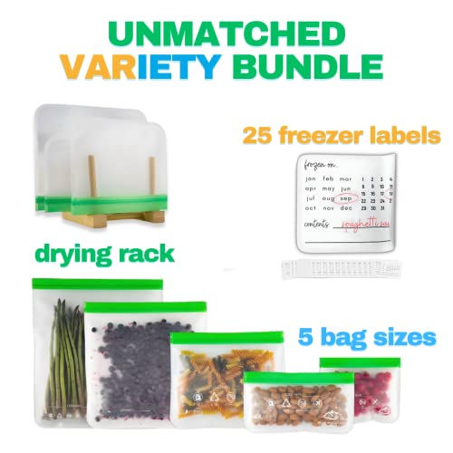 24 Pack Storage Bags for Food In 5 Sizes & 25 Freezer Labels With Drying Rack bpa free food bags, XL 12 X 14 Reusable Gallon Bags For Food, Silicone Storage Bags For Food Kids Reusable Snack Bags