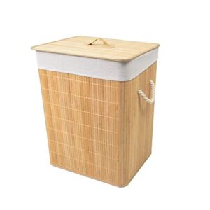 laundry hamper bamboo, large clothes storage basket with lid and removable liner, freestanding dirty clothes hamper bin, laundry basket organizer for clothes toys in the dorm and family