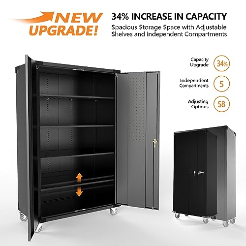 VINGLI 72" H Upgraded Tall & Wide Black Metal Storage Cabinet with Pegboards in Doors and 4 Adjustable Shelves, Garage Cabinet and Storage System with Wheels, Locking Cabinet for Home Office, Basement
