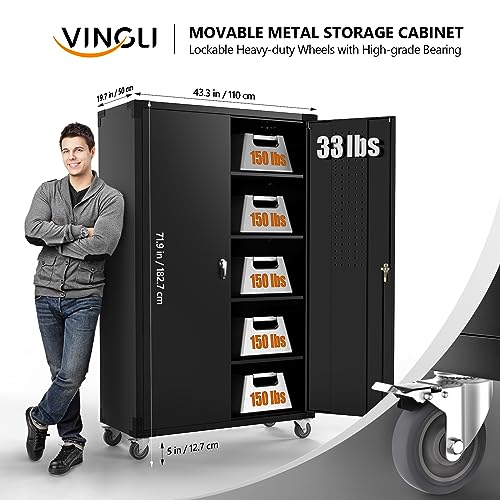 VINGLI 72" H Upgraded Tall & Wide Black Metal Storage Cabinet with Pegboards in Doors and 4 Adjustable Shelves, Garage Cabinet and Storage System with Wheels, Locking Cabinet for Home Office, Basement