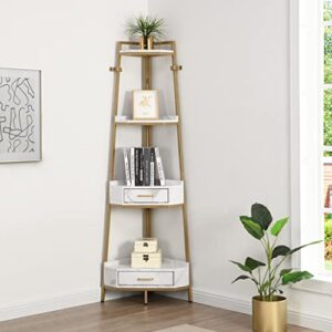 scoomor corner shelf 4 tier with drawers, modern corner bookshelf, free standing storage rack, plant stand for living room, home office, kitchen, small spaces, 72.64’’ tall (gold)