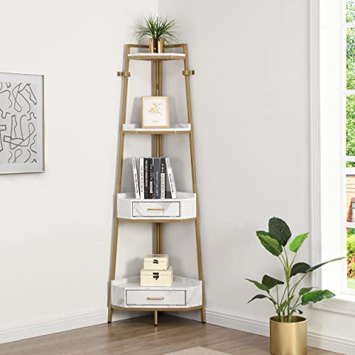 Scoomor Corner Shelf 4 Tier with Drawers, Modern Corner Bookshelf, Free Standing Storage Rack, Plant Stand for Living Room, Home Office, Kitchen, Small Spaces, 72.64’’ Tall (Gold)