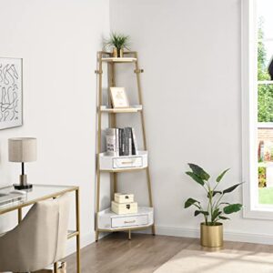 Scoomor Corner Shelf 4 Tier with Drawers, Modern Corner Bookshelf, Free Standing Storage Rack, Plant Stand for Living Room, Home Office, Kitchen, Small Spaces, 72.64’’ Tall (Gold)