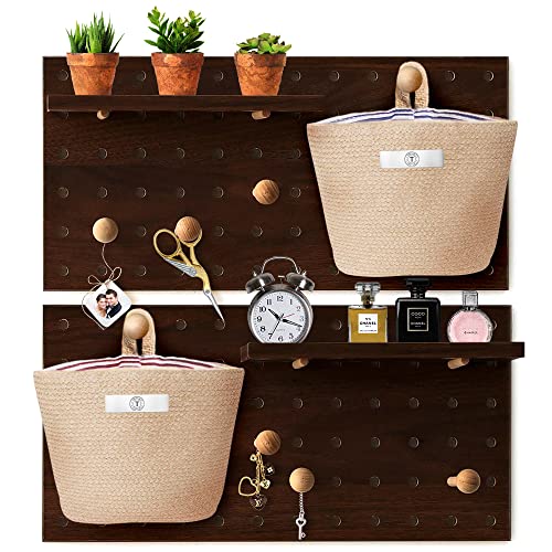 TAPUAJ 2 Wall Organizer with Wooden Board and 2 Bags - 15 x 8-2/3 inches - Wall Mounted - Includes Panel and Trim -Brown