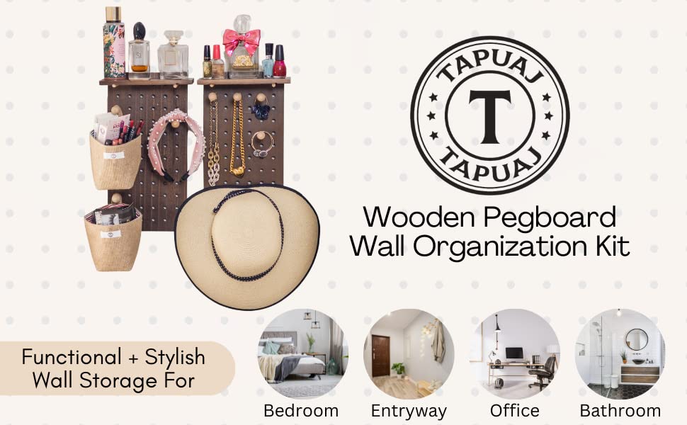 TAPUAJ 2 Wall Organizer with Wooden Board and 2 Bags - 15 x 8-2/3 inches - Wall Mounted - Includes Panel and Trim -Brown