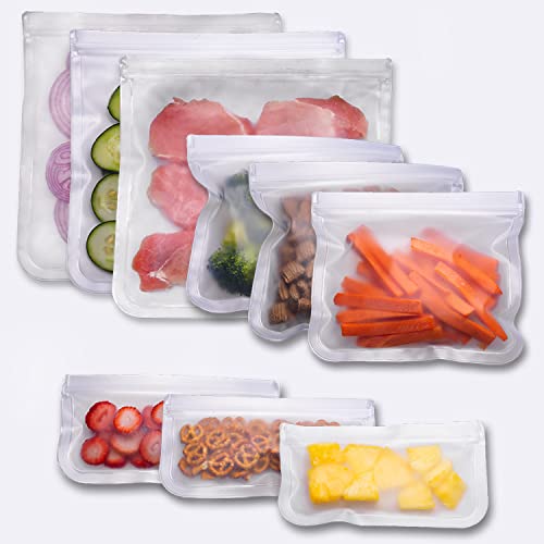 Escential bags Reusable silicone ziplock bags, INCLUDES DRYING RACK; 10 pack, 3 gallon, 4 sandwich, 3 snack. Easy to wash, good for travel. Multi use bags, dishwasher friendly.