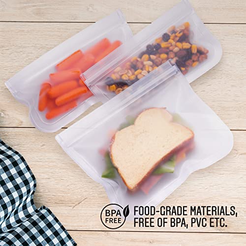 Escential bags Reusable silicone ziplock bags, INCLUDES DRYING RACK; 10 pack, 3 gallon, 4 sandwich, 3 snack. Easy to wash, good for travel. Multi use bags, dishwasher friendly.