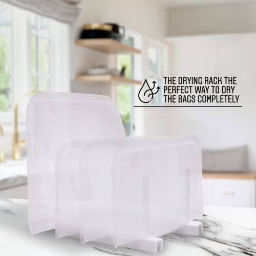 Escential bags Reusable silicone ziplock bags, INCLUDES DRYING RACK; 10 pack, 3 gallon, 4 sandwich, 3 snack. Easy to wash, good for travel. Multi use bags, dishwasher friendly.