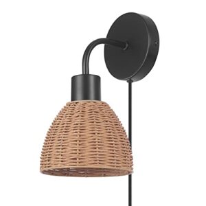 globe electric briar 1-light plug-in or hardwire wall sconce, matte black, rattan shade, 6ft black braided fabric designer cord, in-line on/off rocker switch, bulb not included